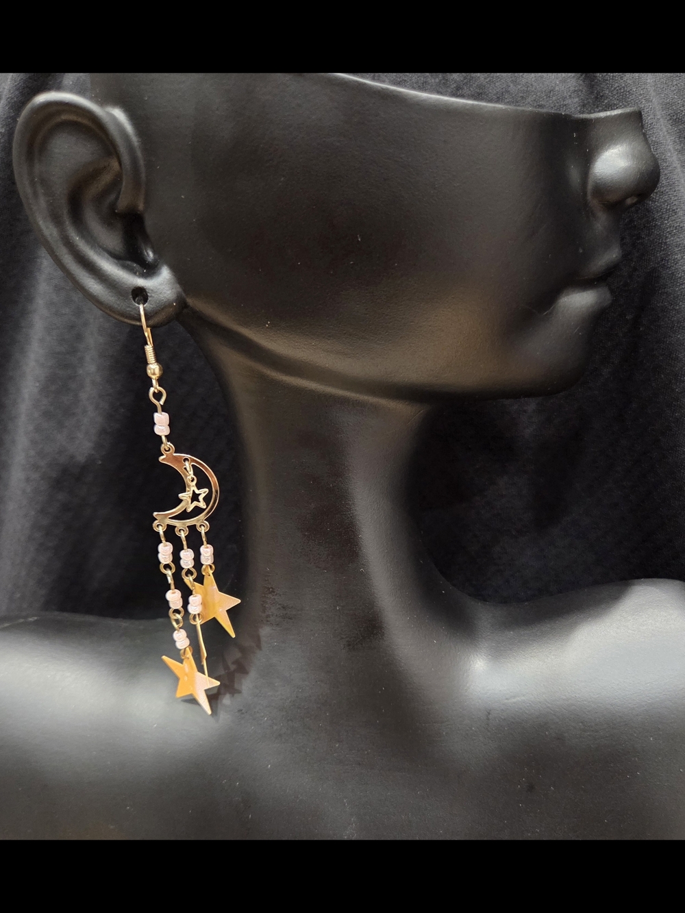 Gold Moon & Pink Bead Star Dangle Earrings - Women Jewelry